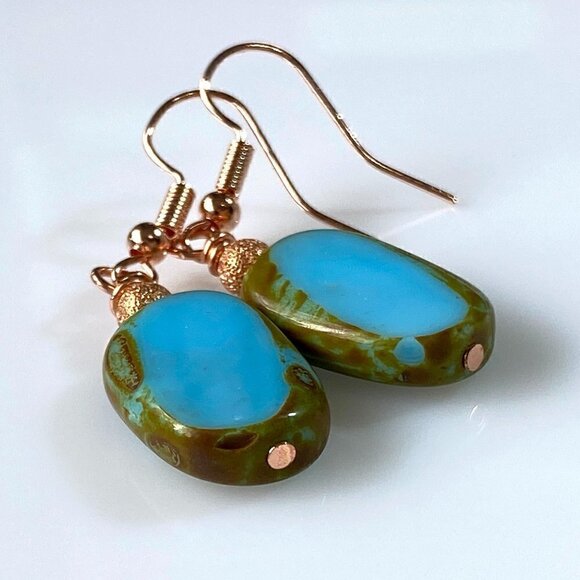 ❤️ Turquoise Picasso Czech Pressed Table Cut Glass Earrings - Picture 1 of 10